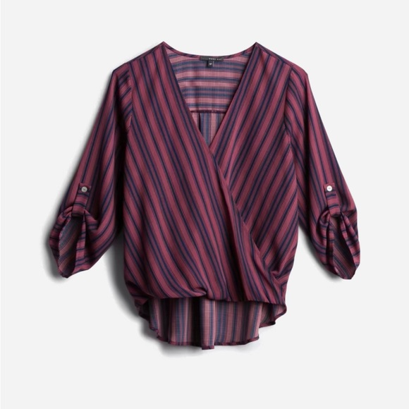 West Kei Tops - 3/$20 West Kei Roll tab high low blouse | Dark Pink, navy stripe